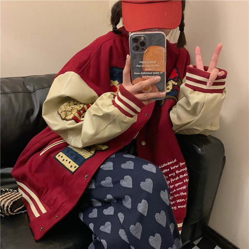 Loose Plus Size Harajuku Embroidery All-match Student Contrast Coat