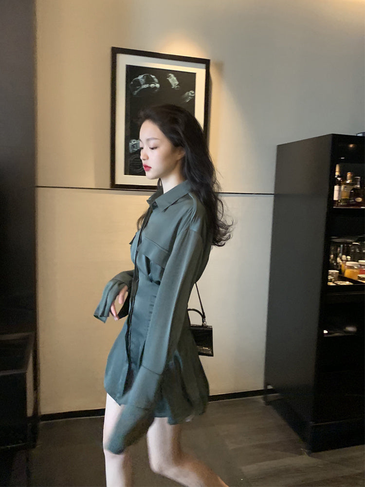 Dark Green Satin Shirt Dress Women's New Design Sense Niche Waist And Thin Temperament Long Skirt
