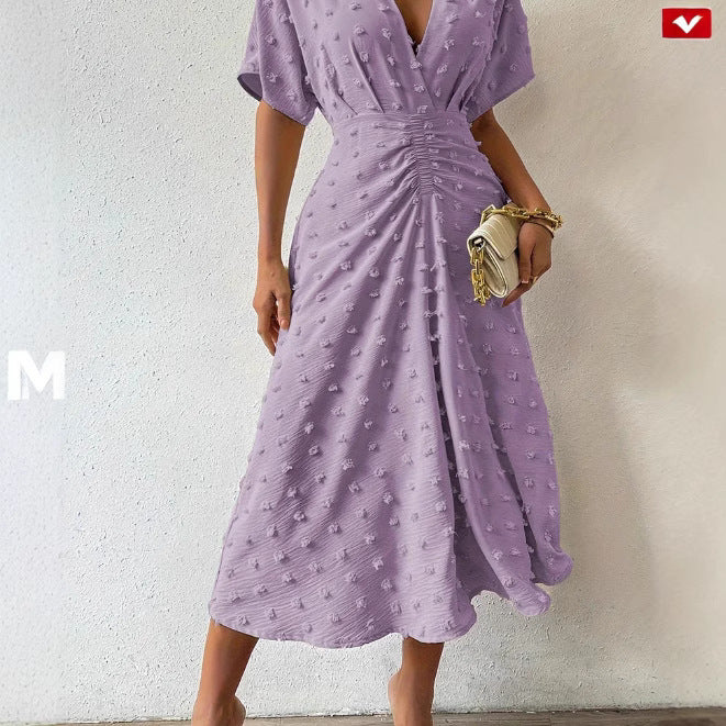 Summer New Fur Ball Ruffle Sleeve V-neck Waist Tied Dress