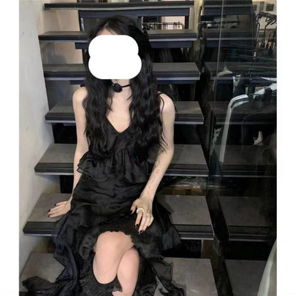 Romantic Dark Flowy Ruffle Layered High Dress