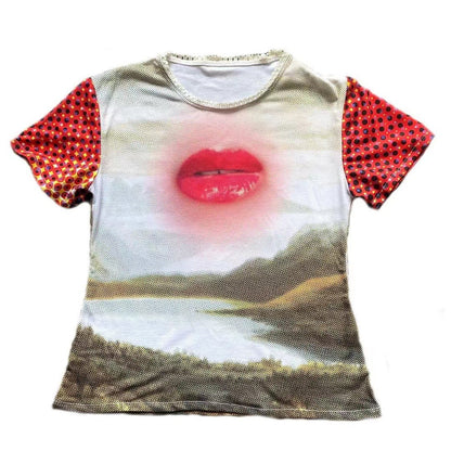 Summer New Harajuku Retro Mouth Printed Short-sleeved T-shirt For Women