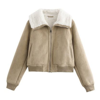 Threaded Hem Loose Fleece Warm Thickened Short Jacket For Women