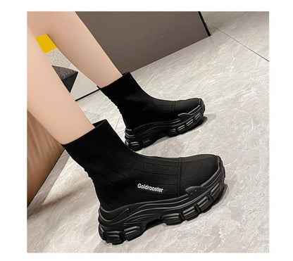 Spring And Autumn Fashion Thick Soled Height Increasing Flyknit Elastic Boots