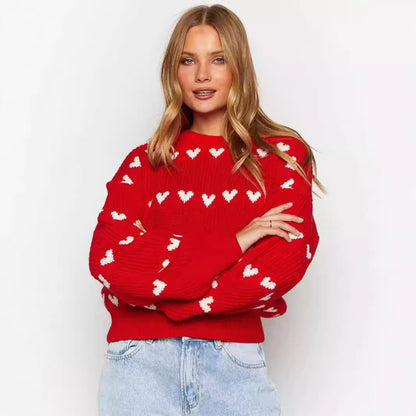 Sweet Cute Love Heart Two-tone Jacquard Contrast Color Round Neck Long Sleeve Sweater