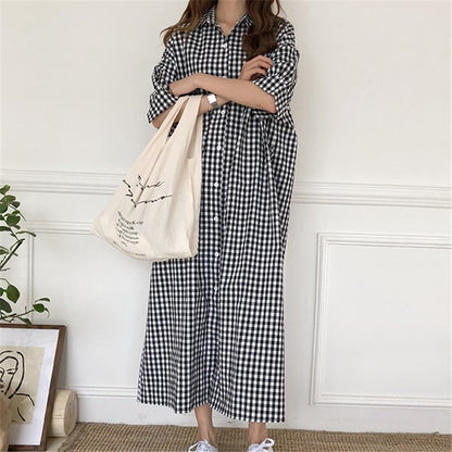 Harajuku Style Cotton Linen Dress Plaid
