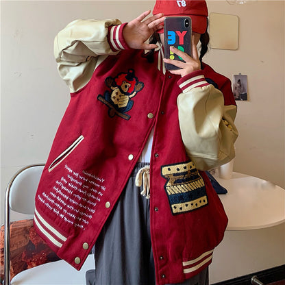 Loose Plus Size Harajuku Embroidery All-match Student Contrast Coat