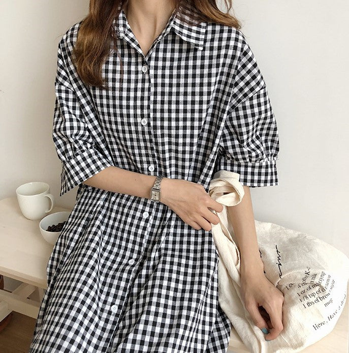 Harajuku Style Cotton Linen Dress Plaid