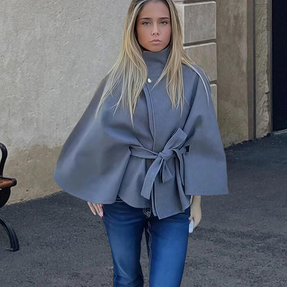 Elegant Solid Color Waist Tight Lace-up Woolen Cape Jacket