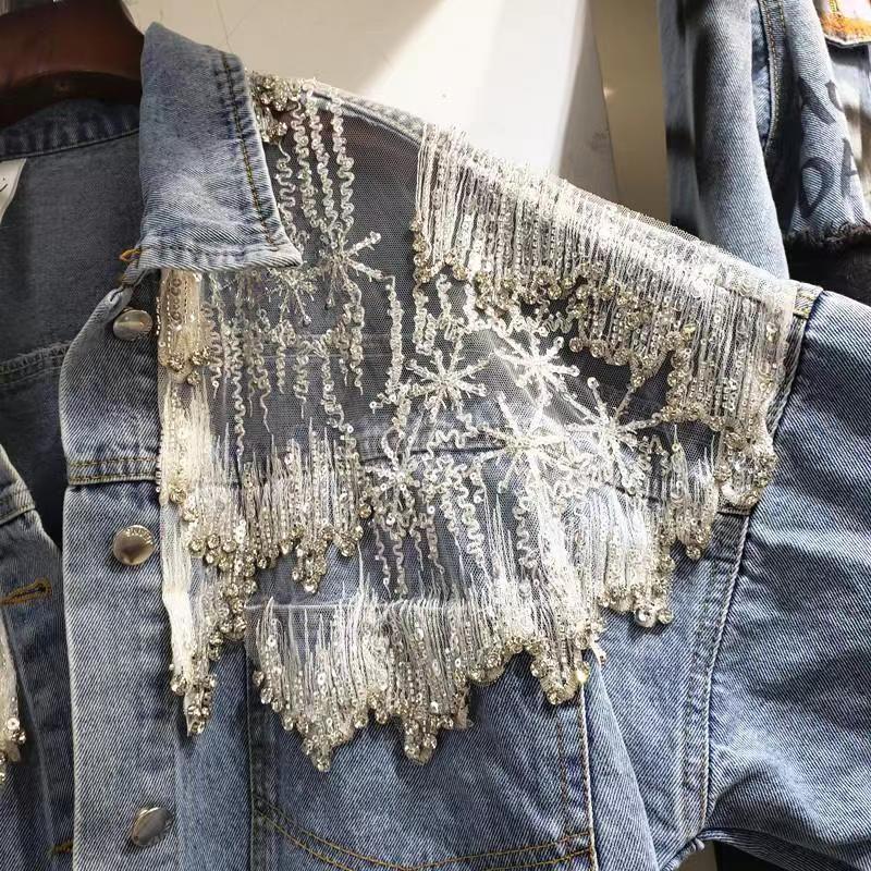 Splicing Beads Diamond Grenadine Loose Denim Jacket