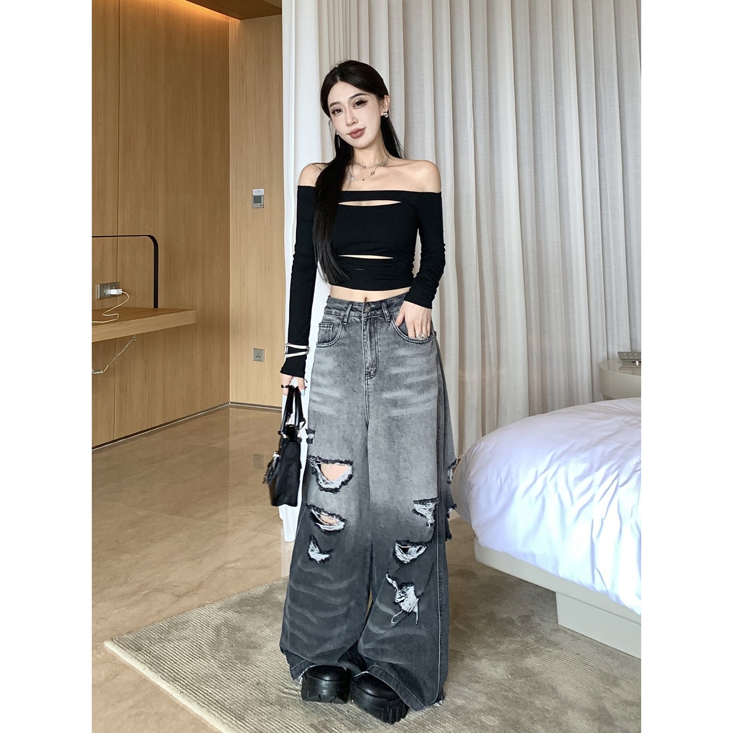 Gradient Color Big Ripped Hot Girl Wide Leg Jeans For Women