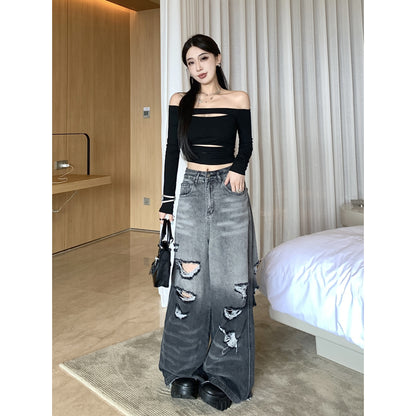 Gradient Color Big Ripped Hot Girl Wide Leg Jeans For Women