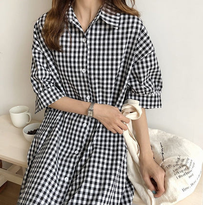 Harajuku Style Cotton Linen Dress Plaid