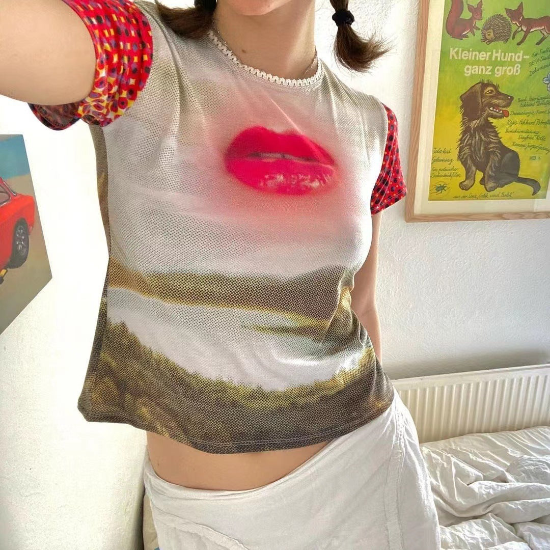 Summer New Harajuku Retro Mouth Printed Short-sleeved T-shirt For Women