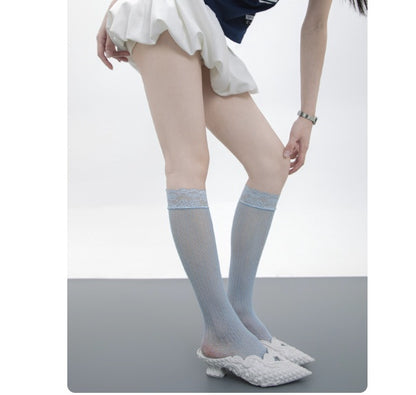 Girly Style Candy Lace Stockings Mouth Polka Dot Fishnet Hollow Mid-calf Socks