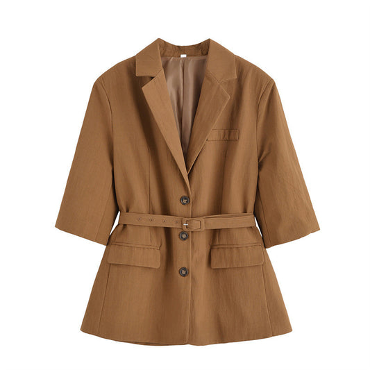 Half Sleeve Lace-up Suit Jacket Linen Leisure Mid Waist Shorts Suit