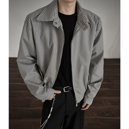 Korean Style Simple Retro Plaid Short Jacket With Double Zipper