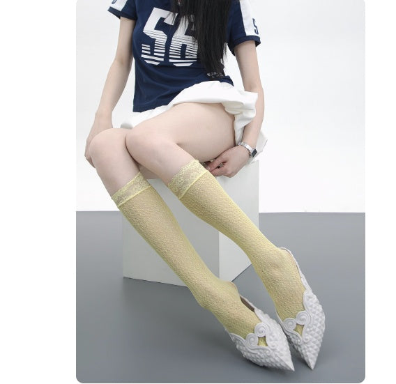 Girly Style Candy Lace Stockings Mouth Polka Dot Fishnet Hollow Mid-calf Socks