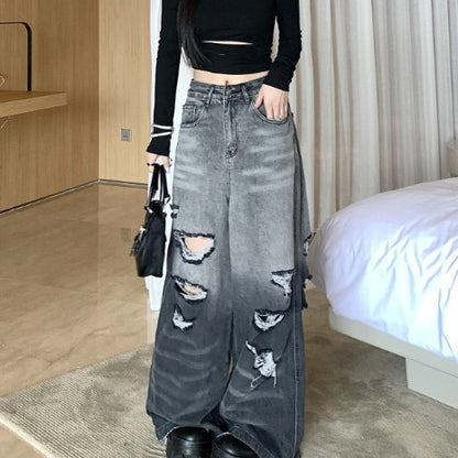 Gradient Color Big Ripped Hot Girl Wide Leg Jeans For Women