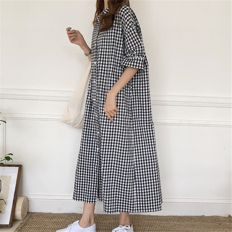 Harajuku Style Cotton Linen Dress Plaid