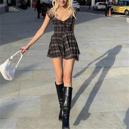 Gothic Plaid Dress Black Lace Up Women Dress Harajuku