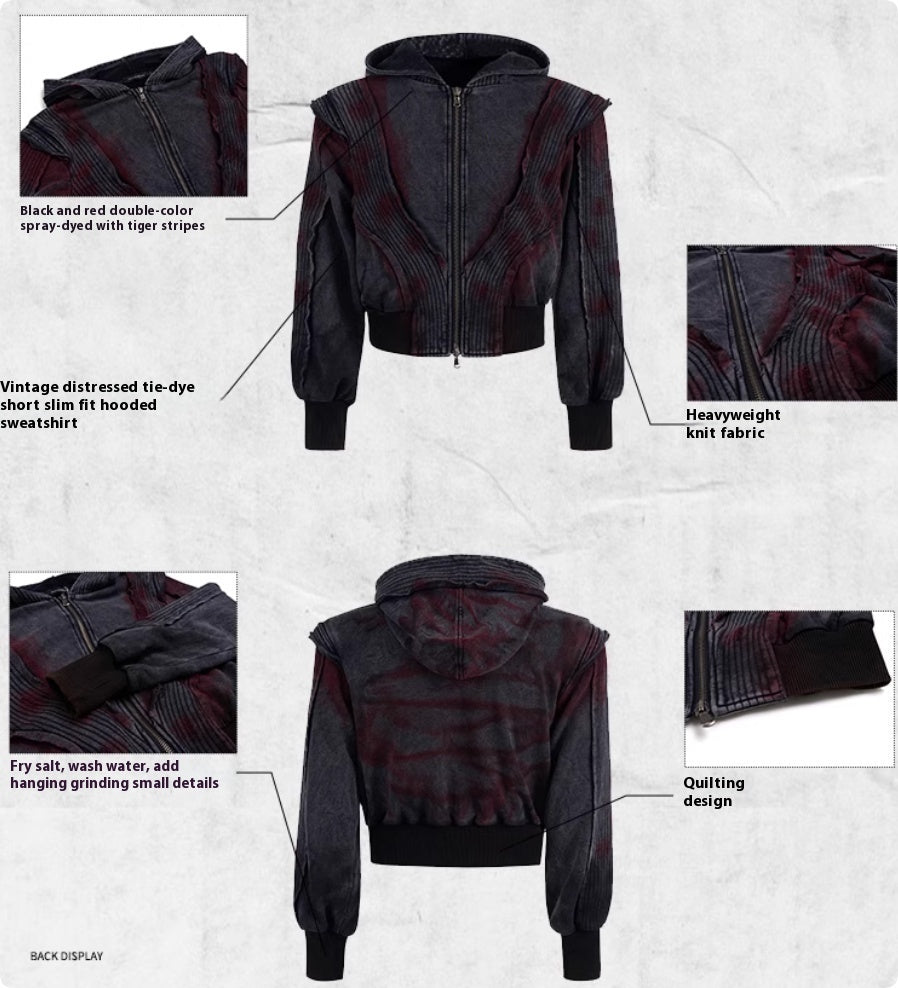 Retro Vintage Tie Dye Short Fit Hooded Sweatshirt Jacket For Men