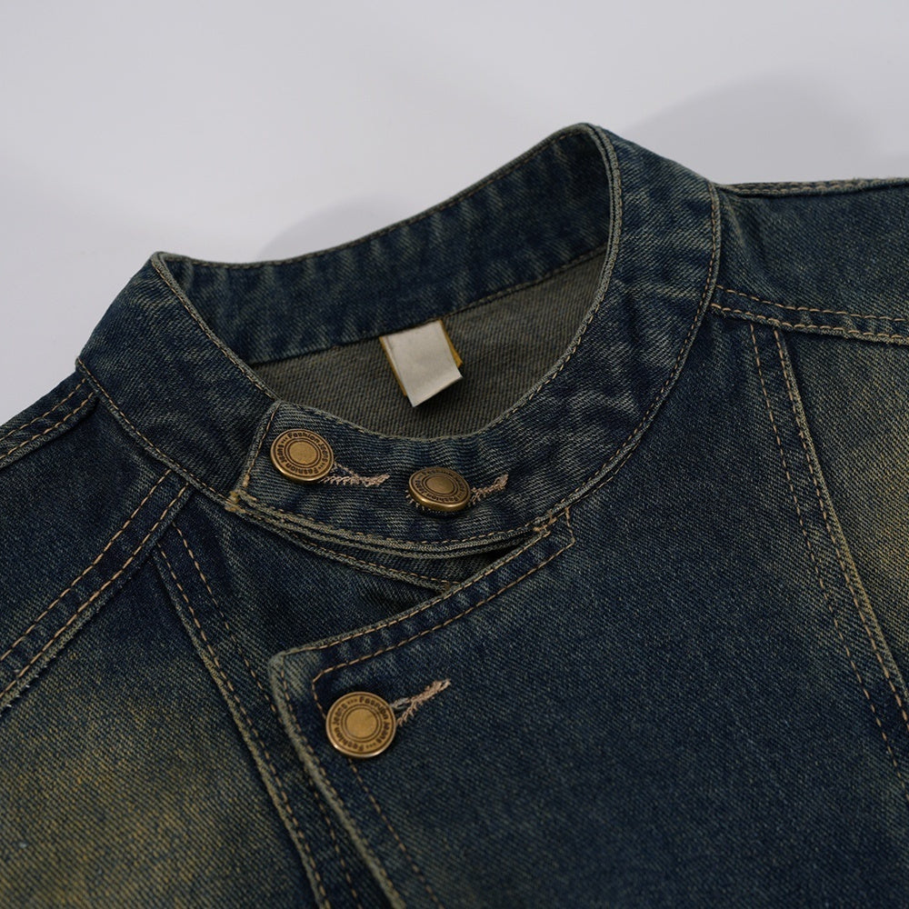 Hong Kong Style Retro Stand Up Collar Denim Short Jacket For Women