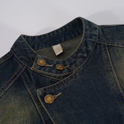 Hong Kong Style Retro Stand Up Collar Denim Short Jacket For Women