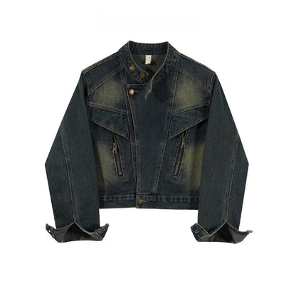 Hong Kong Style Retro Stand Up Collar Denim Short Jacket For Women