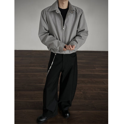 Korean Style Simple Retro Plaid Short Jacket With Double Zipper