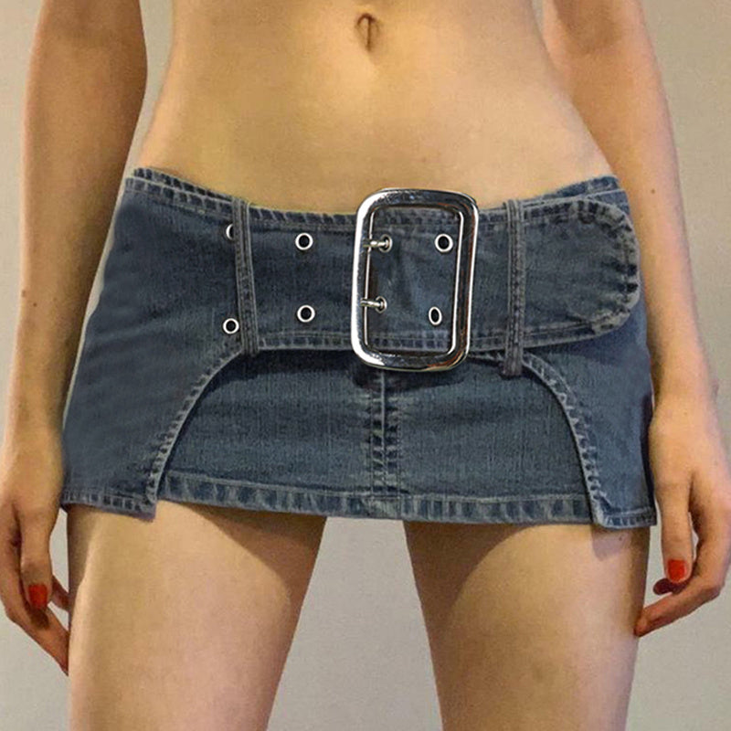 Dark Denim Skirt With Wide Belt Versatile