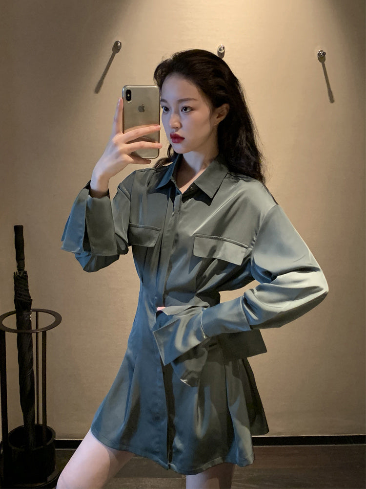 Dark Green Satin Shirt Dress Women's New Design Sense Niche Waist And Thin Temperament Long Skirt