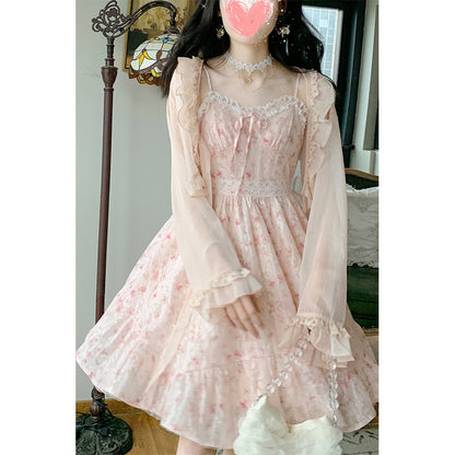 Chiffon Dark Pattern Panel Lace Print High Waist Slip Dress