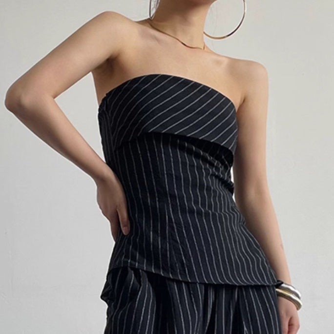 Retro Hot Girl Striped Tube Top Vest Women's Cotton Linen Casual Wide-leg Pants Suit