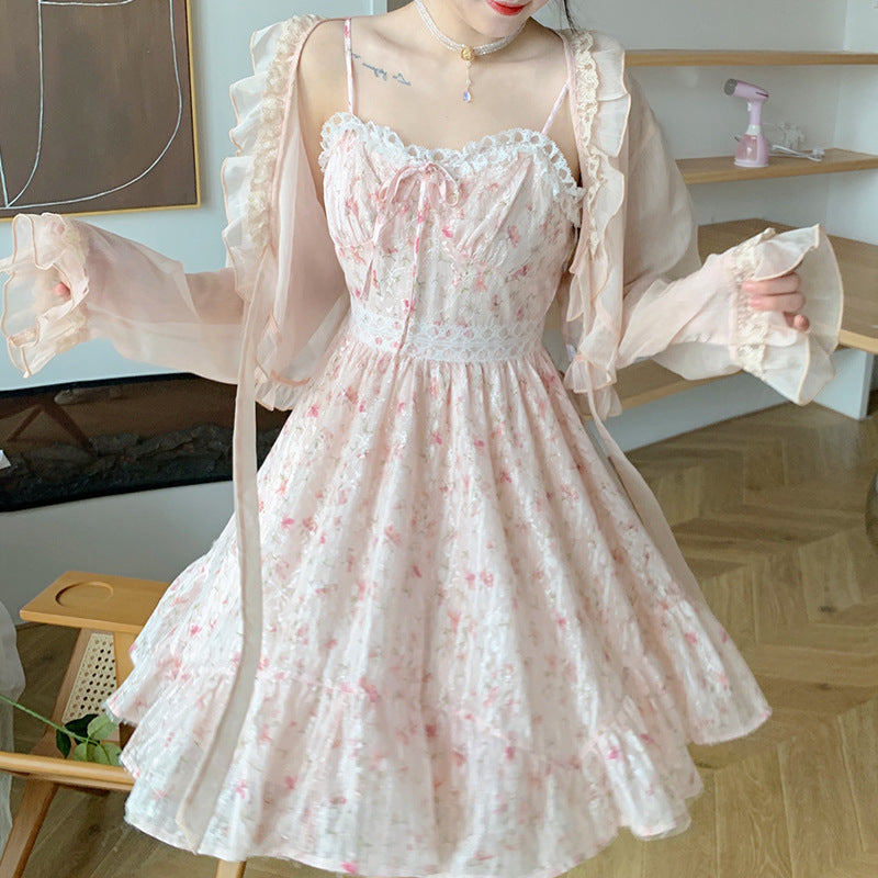 Chiffon Dark Pattern Panel Lace Print High Waist Slip Dress