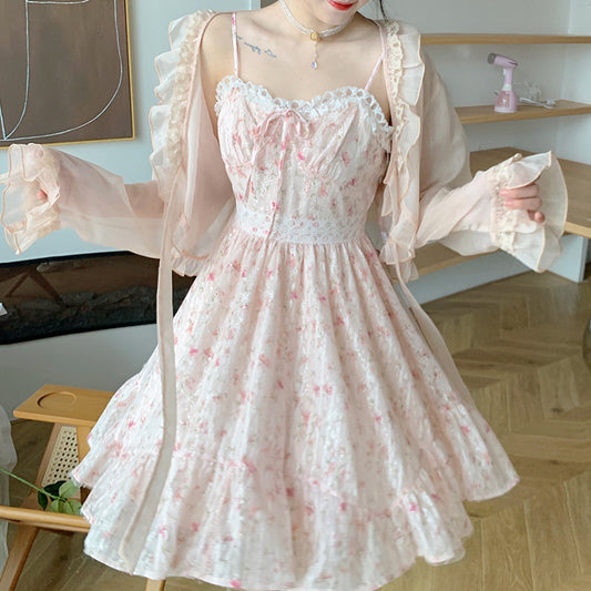 Chiffon Dark Pattern Panel Lace Print High Waist Slip Dress