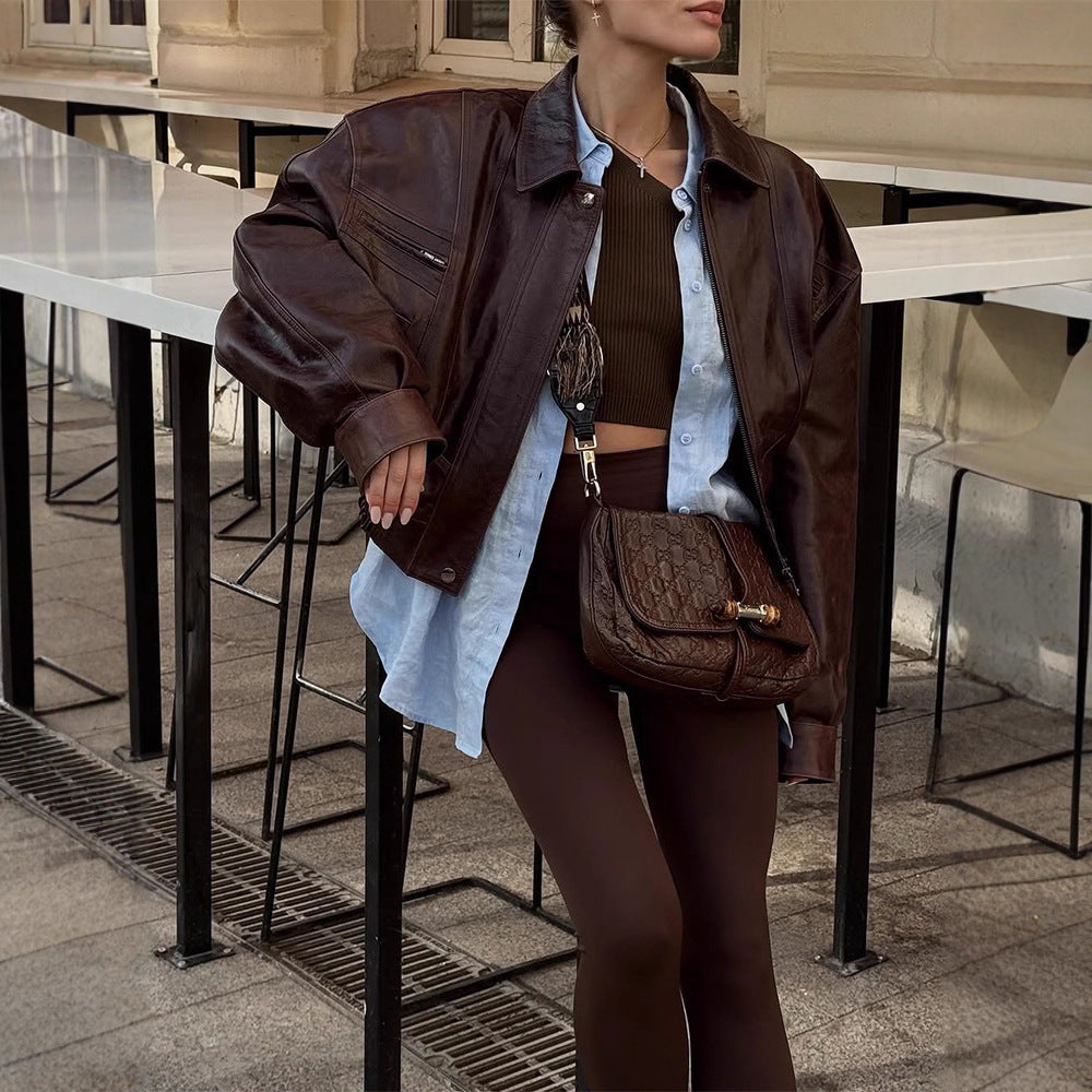 Retro Harajuku Style Simple Lapel Long Sleeve Short Leather Jacket