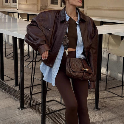 Retro Harajuku Style Simple Lapel Long Sleeve Short Leather Jacket