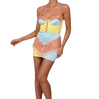 Harajuku Style Street Hipster Color Matching Hollow Sling Breasted Sexy Lace Dress