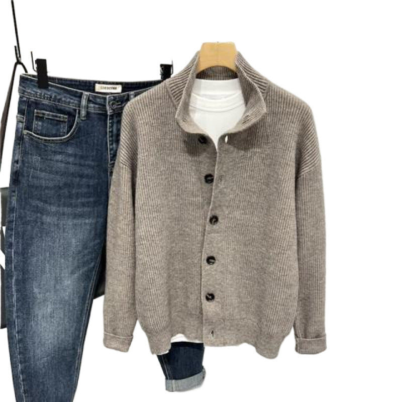 Stand Collar Cardigan Sweater Men Loose Casual Jacket