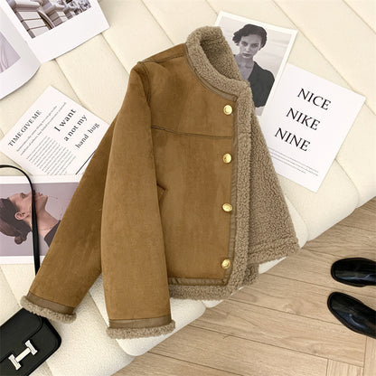 Classic Style Fur Single-breasted Crew Neck Coat Women