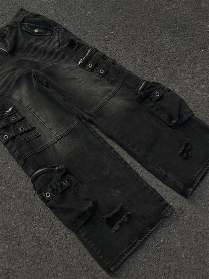 Retro Tattered Jeans Big Pocket Jeans Loose-fitting Wide-leg Trousers